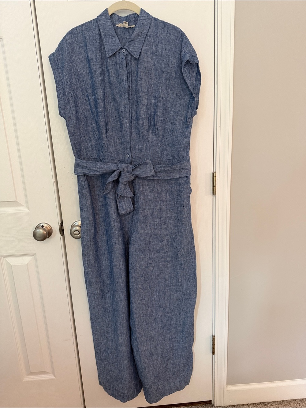 Boden Blue Linen Jumpsuit with Self Tie  Waist. US 12 EUC